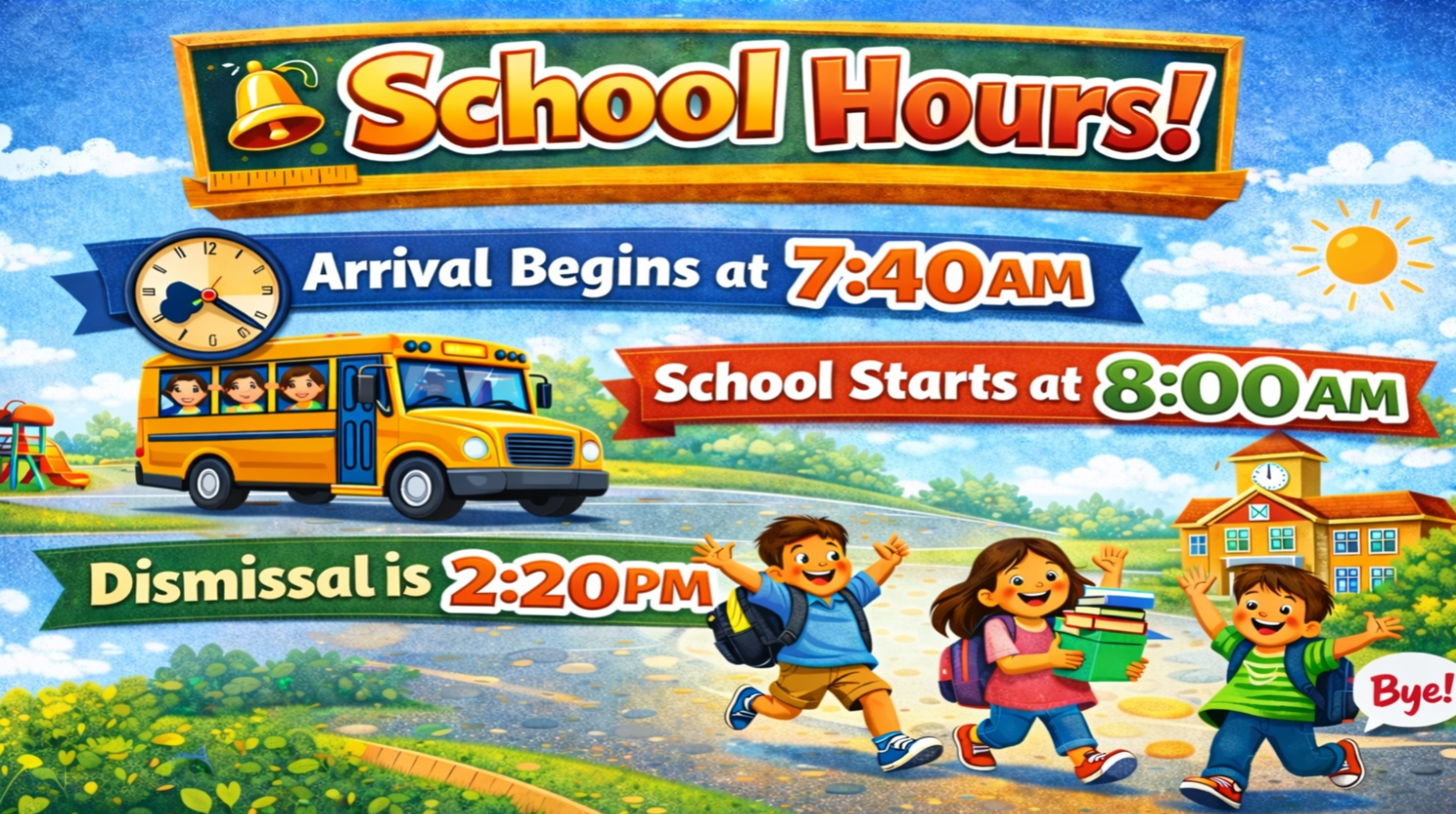 School Hours - Arrival Begins at 7:40 AM, School Starts at 8:00 AM, Dismissal is 2:20 PM